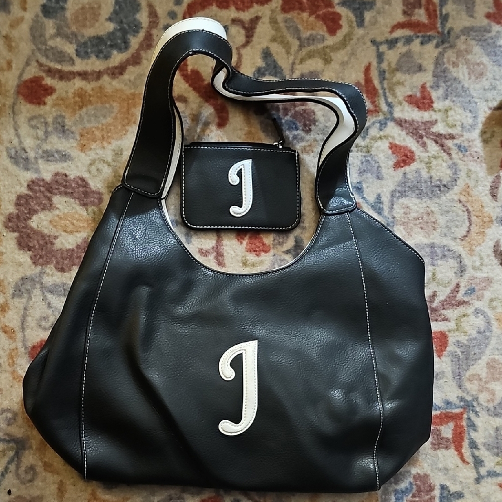 Black Leather Tote with Monogram